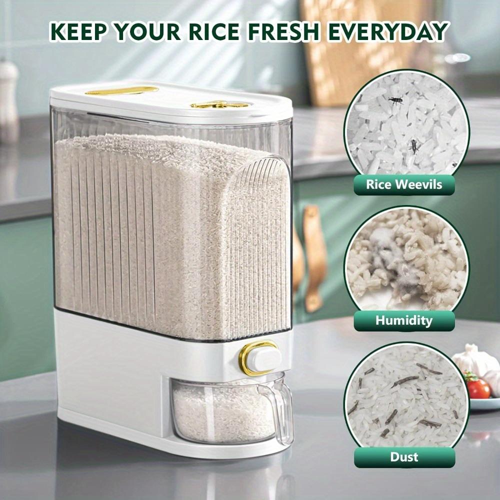 GHQ Rice Dispenser with Measuring Cup & Time Scale - 11.02LB/22.05LB Dustproof Stackable Durable Plastic Multi-Compartment Food-Safe Set for Kitchen Storage Organization, Home Organization, Ingredient Holding