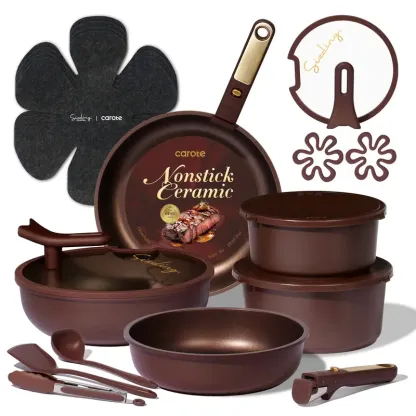 Juego de batería de cocina de cerámica de 20 piezas con tapas de apoyo vertical y mango desmontable; set de ollas y sartenes antiadherentes, no tóxicas y libres de PFAS; utensilios de cocina.