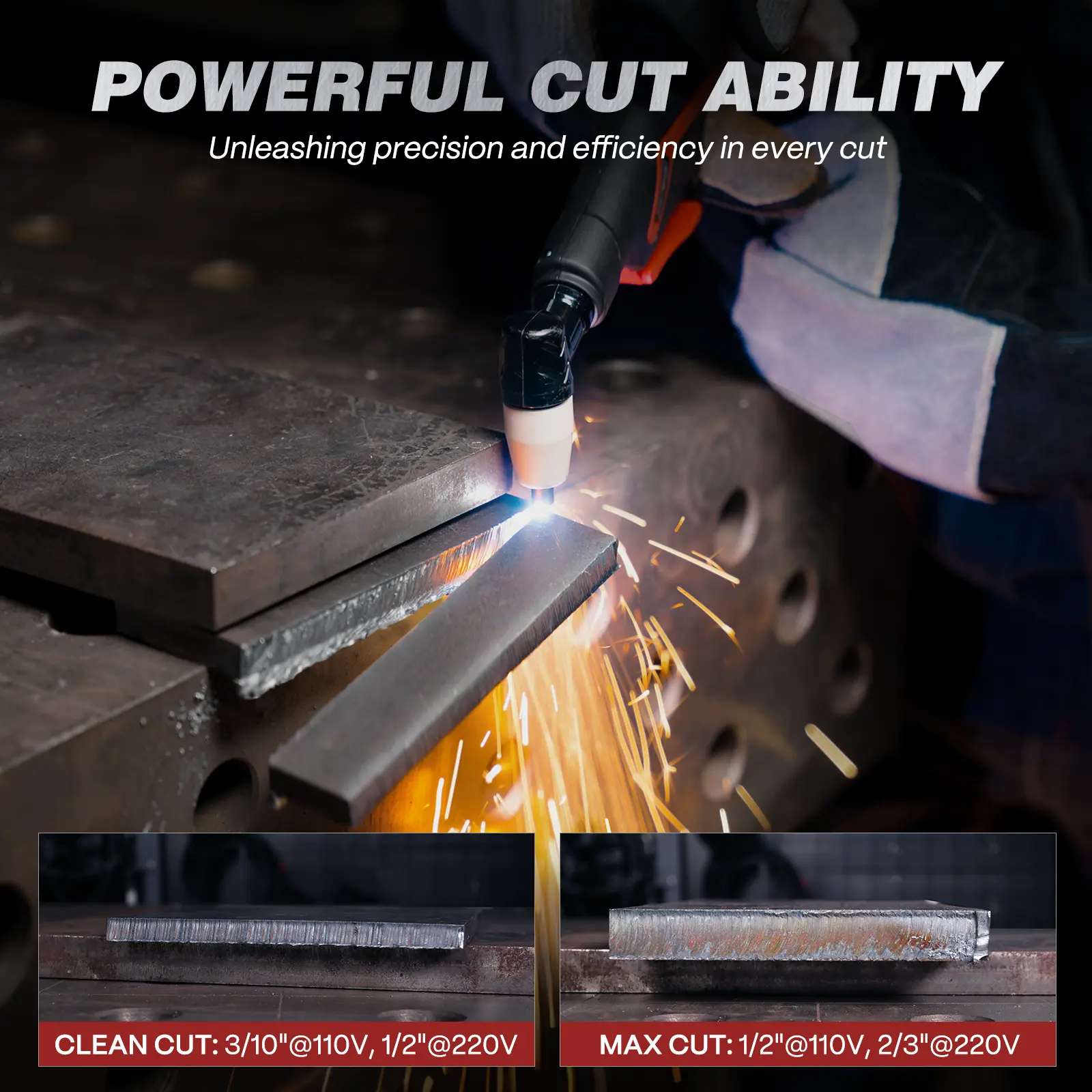 Cortadora de plasma CUT-50 de 50A con inversor IGBT, voltaje dual 110/220V, pantalla LED, corte limpio de metal y diseño portátil.