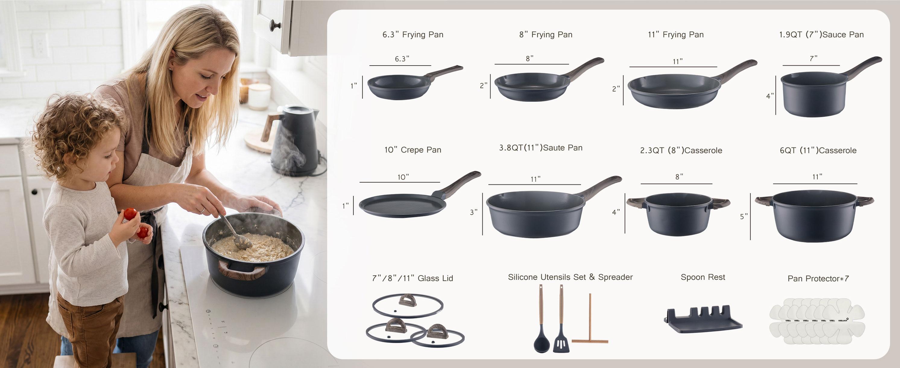 USELUCK 22-Piece Non-Stick Ceramic Pots and Pans Set, Non-Toxic PFOA/PFOS-Free Cream White Granite Stovetop Cookware with Glass Lids, Induction-Compatible Set Including Crepe Frying Pan, Non-Stick Cookware Sets,home essentials