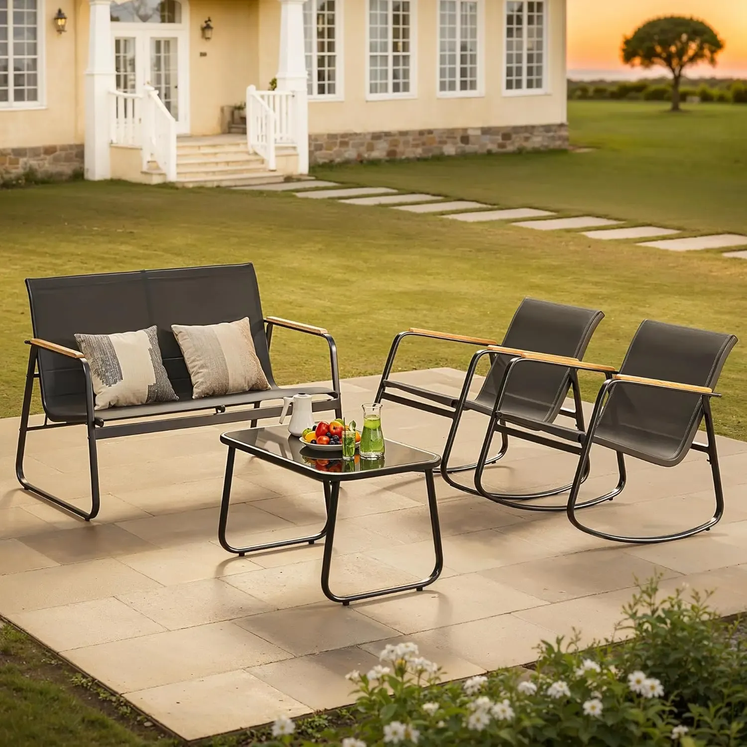 Juego de muebles de patio modernos de 4 piezas, resistente conjunto para zona de conversación: resistente a la intemperie, estable y con reposabrazos de madera; incluye 2 mecedoras y mesa de centro para patio o balcón.