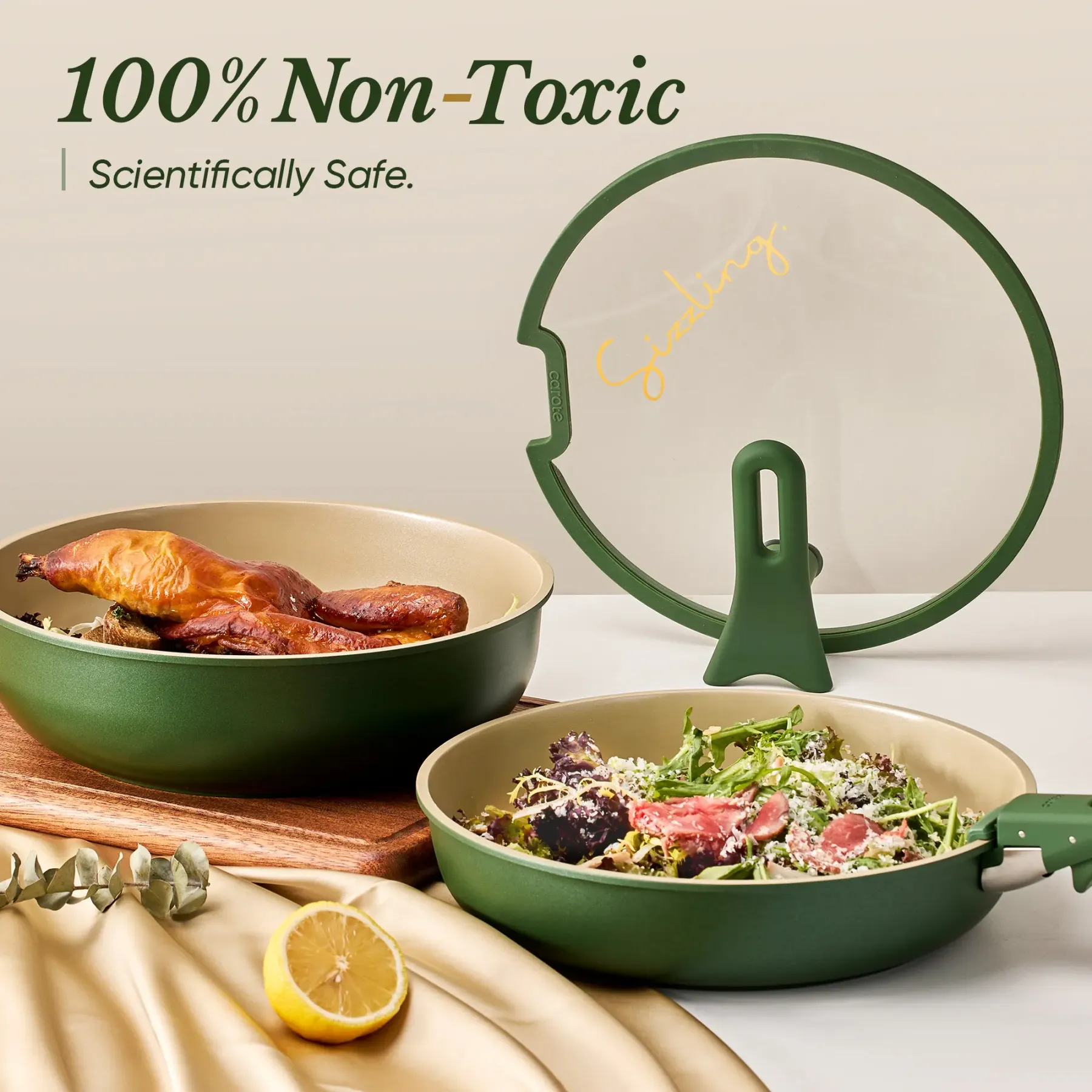 Juego de batería de cocina de cerámica de 20 piezas con tapas de apoyo vertical y mango desmontable; set de ollas y sartenes antiadherentes, no tóxicas y libres de PFAS; utensilios de cocina.
