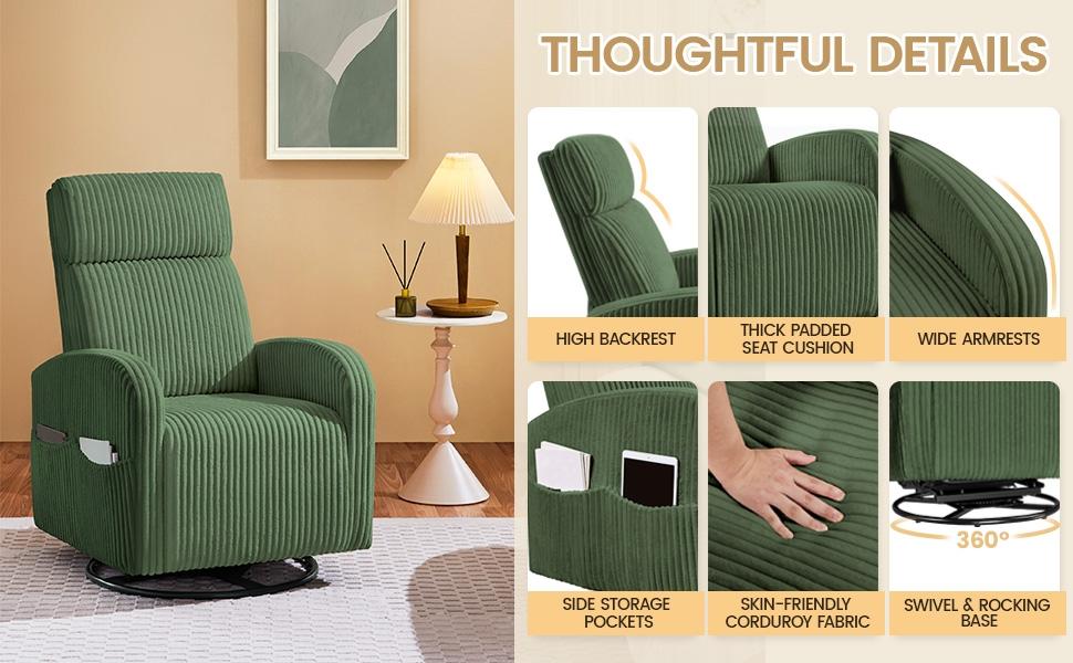 【On Sale】Yaheetech Corduroy Swivel Nursing Glider Chair with Side Pockets, High-Density Foam, 300 lb Capacity, Easy Assembly, 27" W x 35" D x 39.5" H