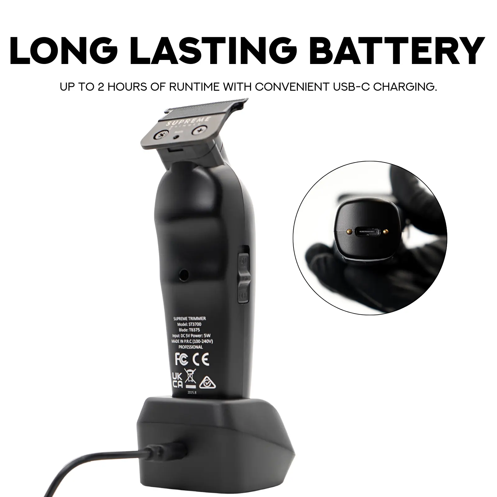 Supreme Trimmer VADER Lite: Cortapelos tipo T-Liner con 6 peines guía, carga USB-C, batería de larga duración, motor de 6,5 W y 7000 RPM para cortes precisos; diseño ergonómico para uso prolongado, inalámbrico y fabricado en acero.