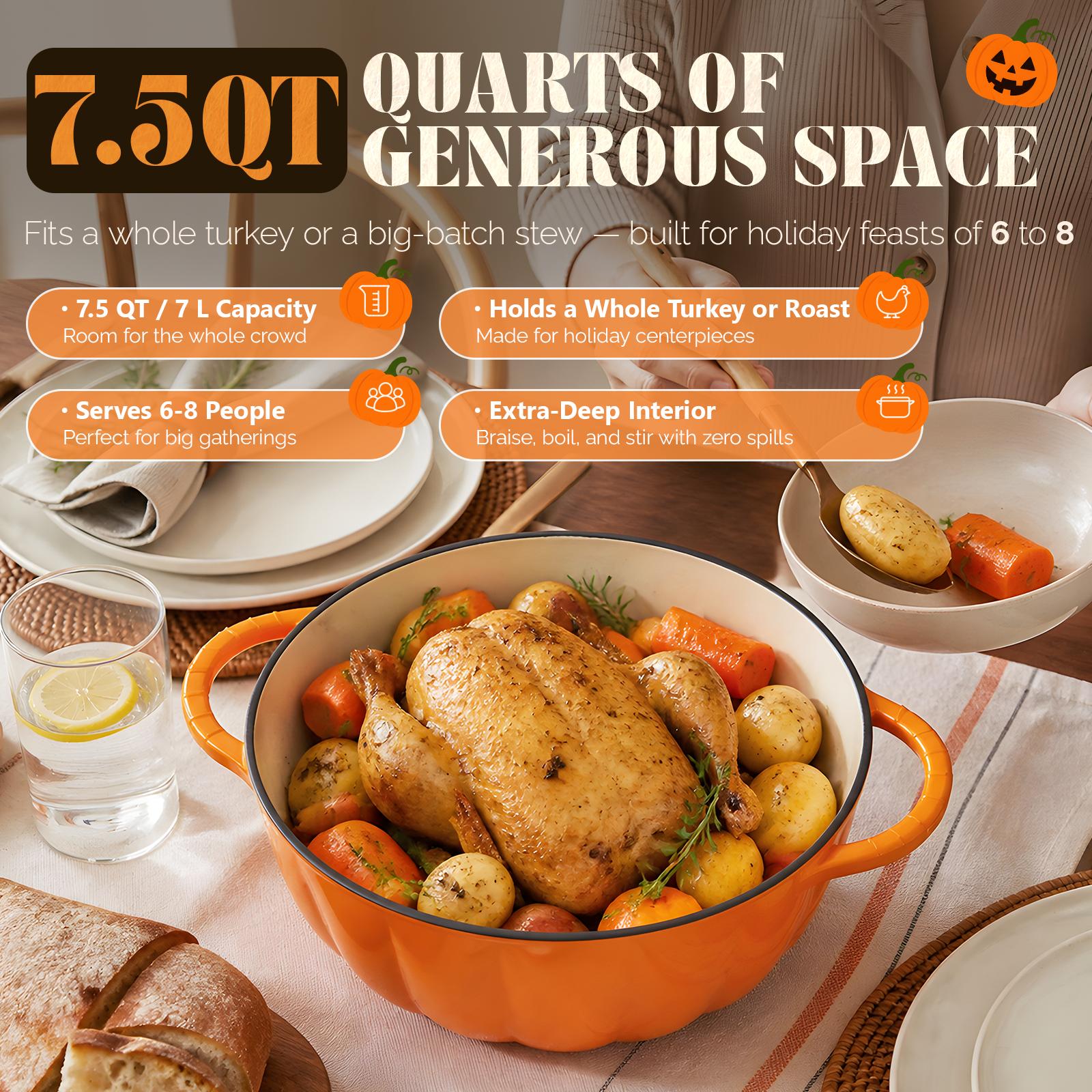 ROVSUN Pumpkin Dutch Oven Pot with Lid &ndash; Enameled Cast Iron Pumpkin Shaped Pot with Gold Stem Knob, Matching Halloween Trivet & Oven Mitts, Fall Cookware for Soup, Stew & Braising, Orange, 5QT/7.5QT