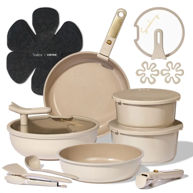 Juego de batería de cocina de cerámica de 20 piezas con tapas de apoyo vertical y mango desmontable; set de ollas y sartenes antiadherentes, no tóxicas y libres de PFAS; utensilios de cocina.