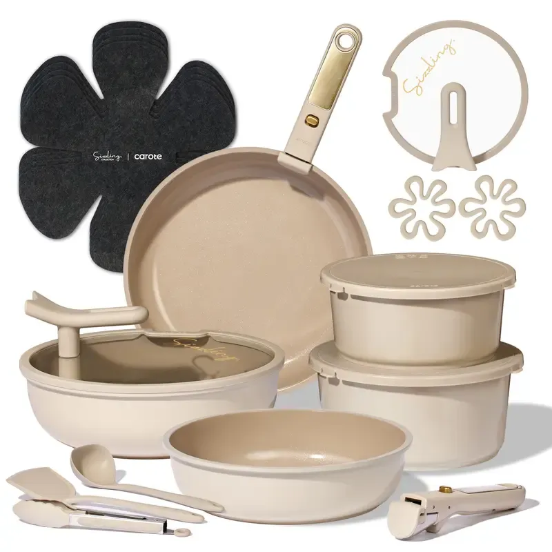 Juego de batería de cocina de cerámica de 20 piezas con tapas de apoyo vertical y mango desmontable; set de ollas y sartenes antiadherentes, no tóxicas y libres de PFAS; utensilios de cocina.