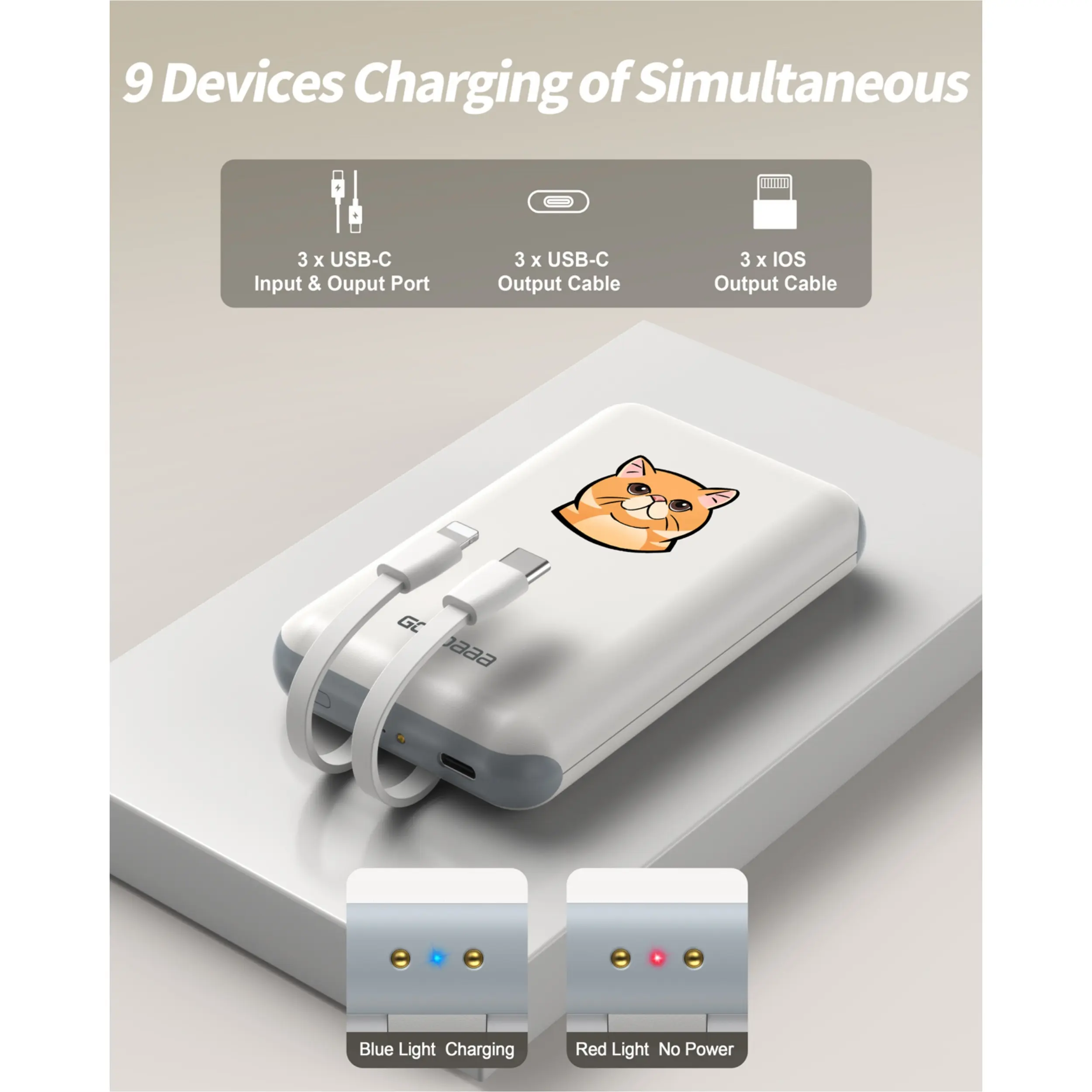 Paquete de 3 baterías externas de 10 000 mAh con base de carga, cables integrados, dispositivos tecnológicos innovadores y cargador portátil.