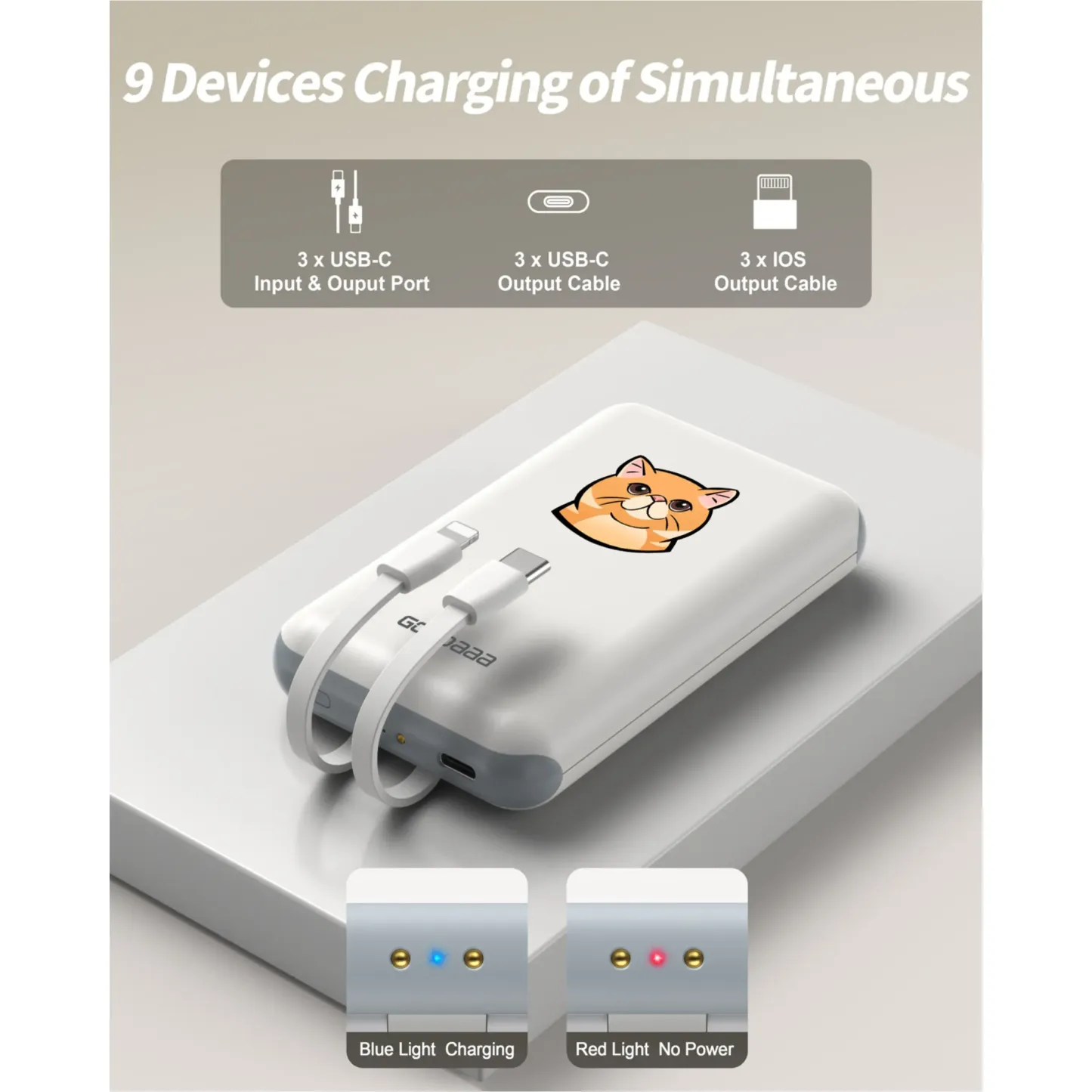 Paquete de 3 baterías externas de 10 000 mAh con base de carga, cables integrados, dispositivos tecnológicos innovadores y cargador portátil.