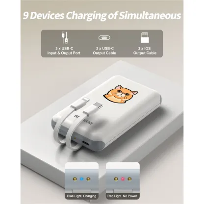 Paquete de 3 baterías externas de 10 000 mAh con base de carga, cables integrados, dispositivos tecnológicos innovadores y cargador portátil.