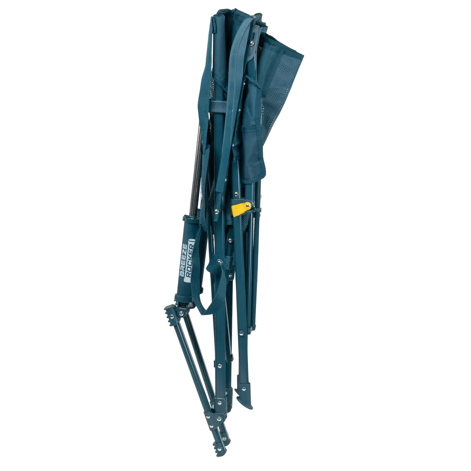Silla GCI Outdoor BreezeRocker con mecanismo de balanceo por resorte y respaldo de malla, color verde azulado y negro.