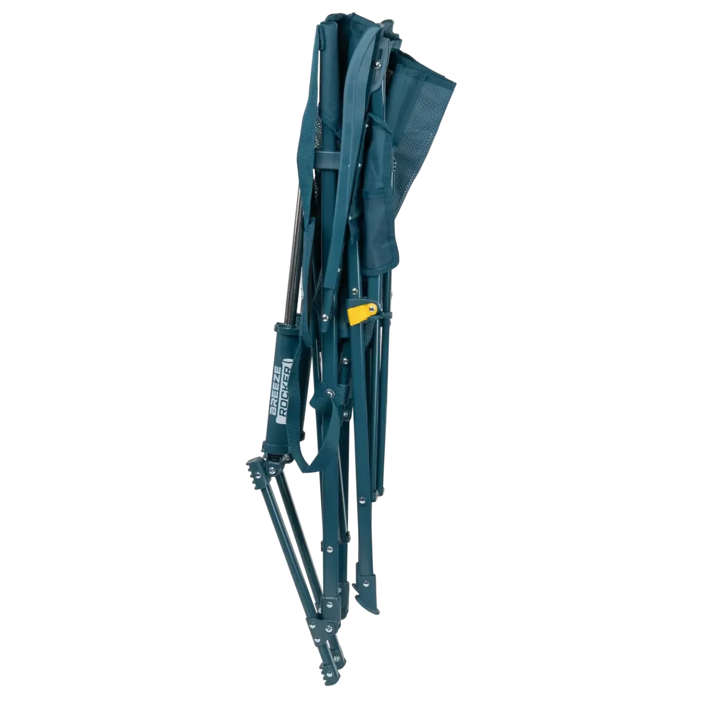Silla GCI Outdoor BreezeRocker con mecanismo de balanceo por resorte y respaldo de malla, color verde azulado y negro.