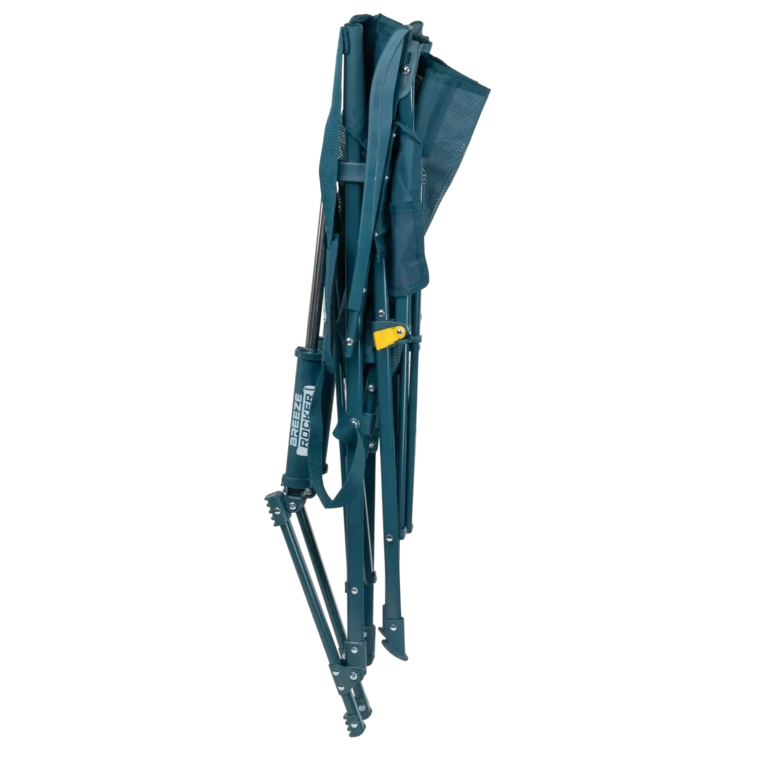 Silla GCI Outdoor BreezeRocker con mecanismo de balanceo por resorte y respaldo de malla, color verde azulado y negro.