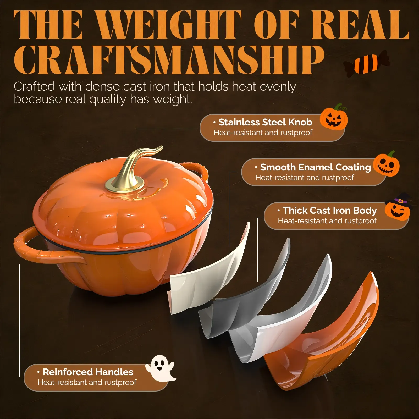 Olla Holandesa de Calabaza de Hierro Fundido Esmaltado con Tapa, Asa Dorada, Ideal para Sopas, Guisos y Estofados, Color Naranja, 5QT/7,5QT.