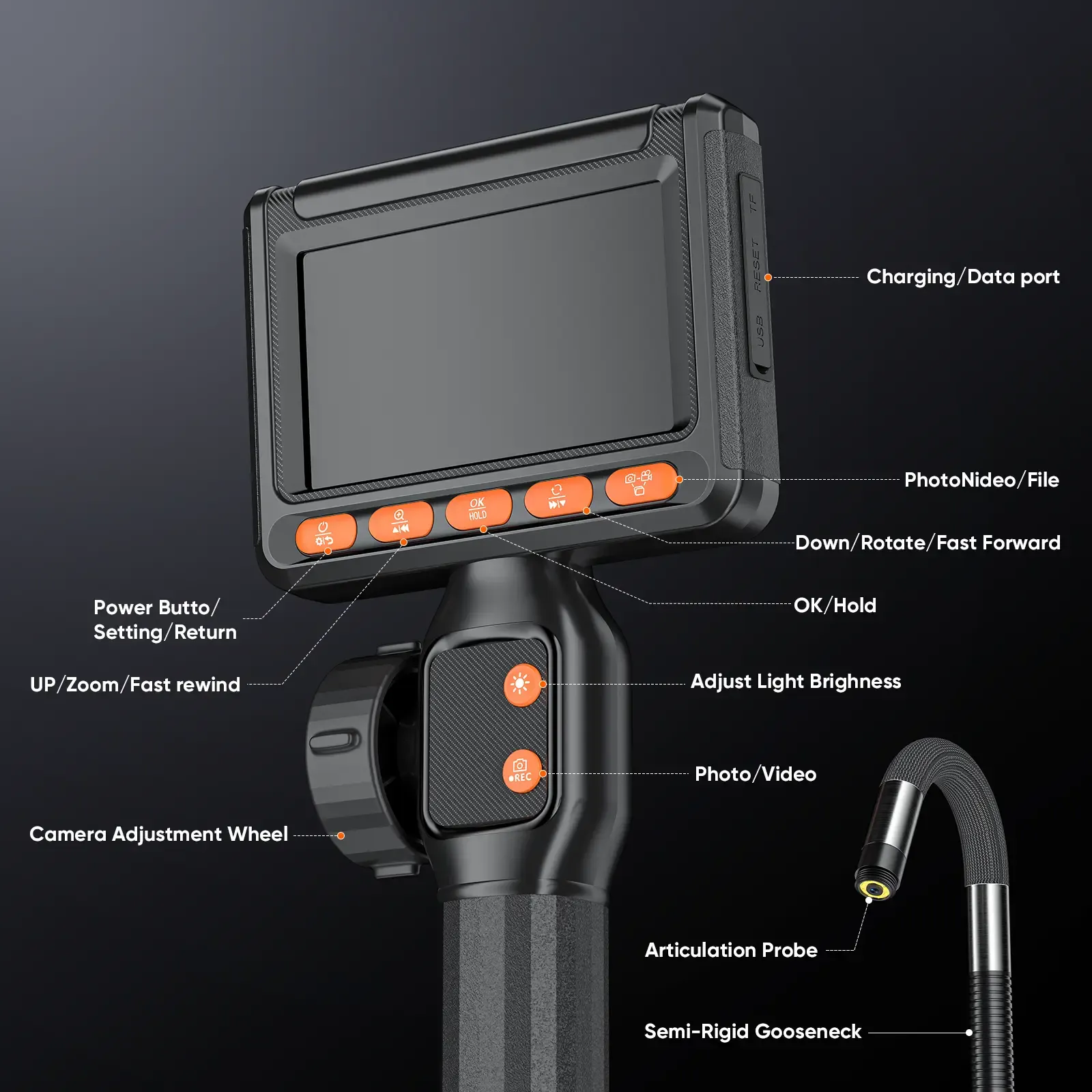 Endoscopio bidireccional con cámara (0,33"/0,23"/0,15") y luz; boroscopio flexible, impermeable y giratorio; cámara articulada tipo serpiente para inspección de automóviles, mecánica, paredes, vehículos, desagües y proyectos de mejoras del hogar.