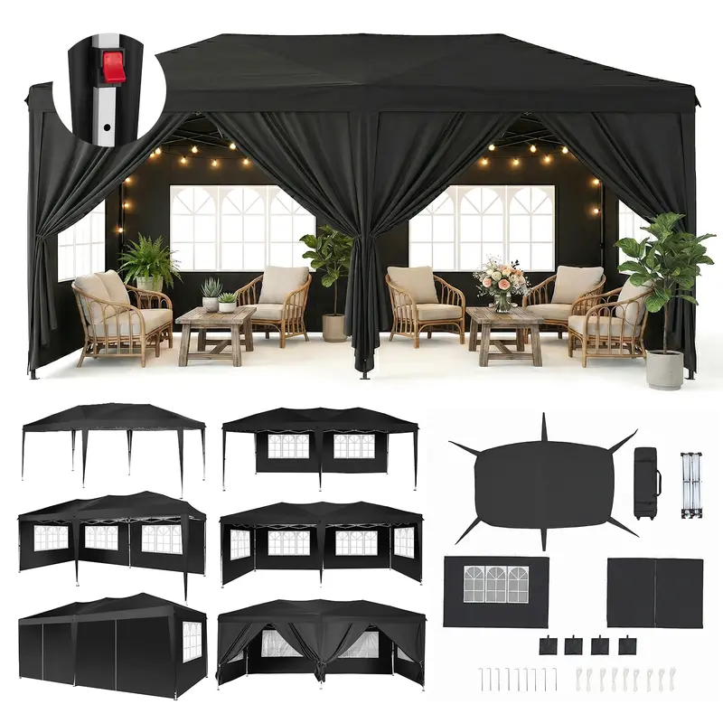 Carpa Gazebo Plegable Resistente de 10 x 20 Pies, Tela Oxford 420D Impermeable y con Protección UV, Techo Triangular, Estructura Ajustable en 3 Niveles, 6 Paredes Laterales, Mosquiteros y Accesorios de Acero Reforzado, Ideal para Bodas y Camping.