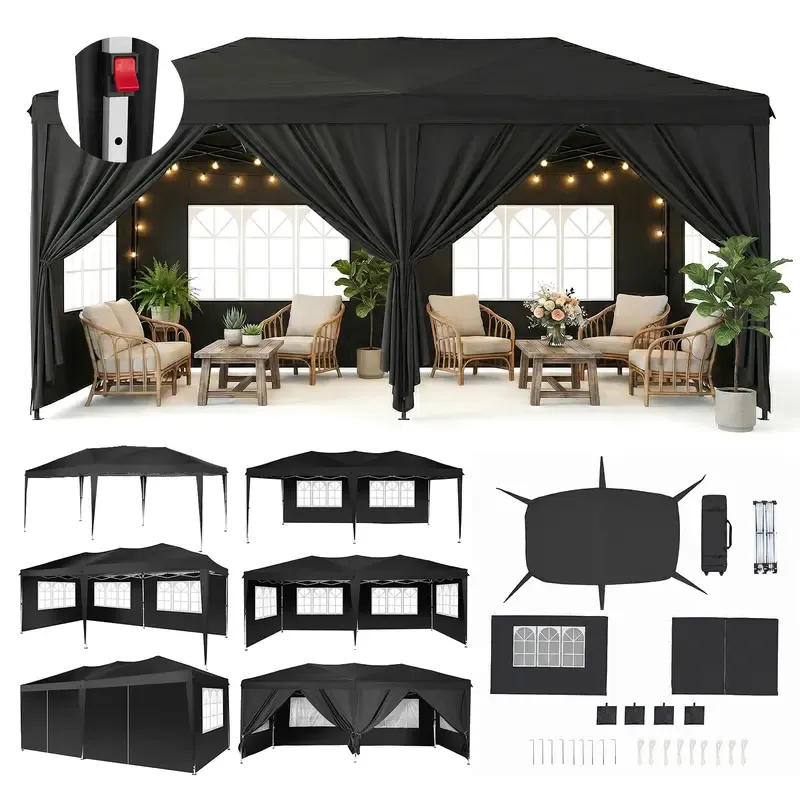 Carpa Gazebo Plegable Resistente de 10 x 20 Pies, Tela Oxford 420D Impermeable y con Protección UV, Techo Triangular, Estructura Ajustable en 3 Niveles, 6 Paredes Laterales, Mosquiteros y Accesorios de Acero Reforzado, Ideal para Bodas y Camping.