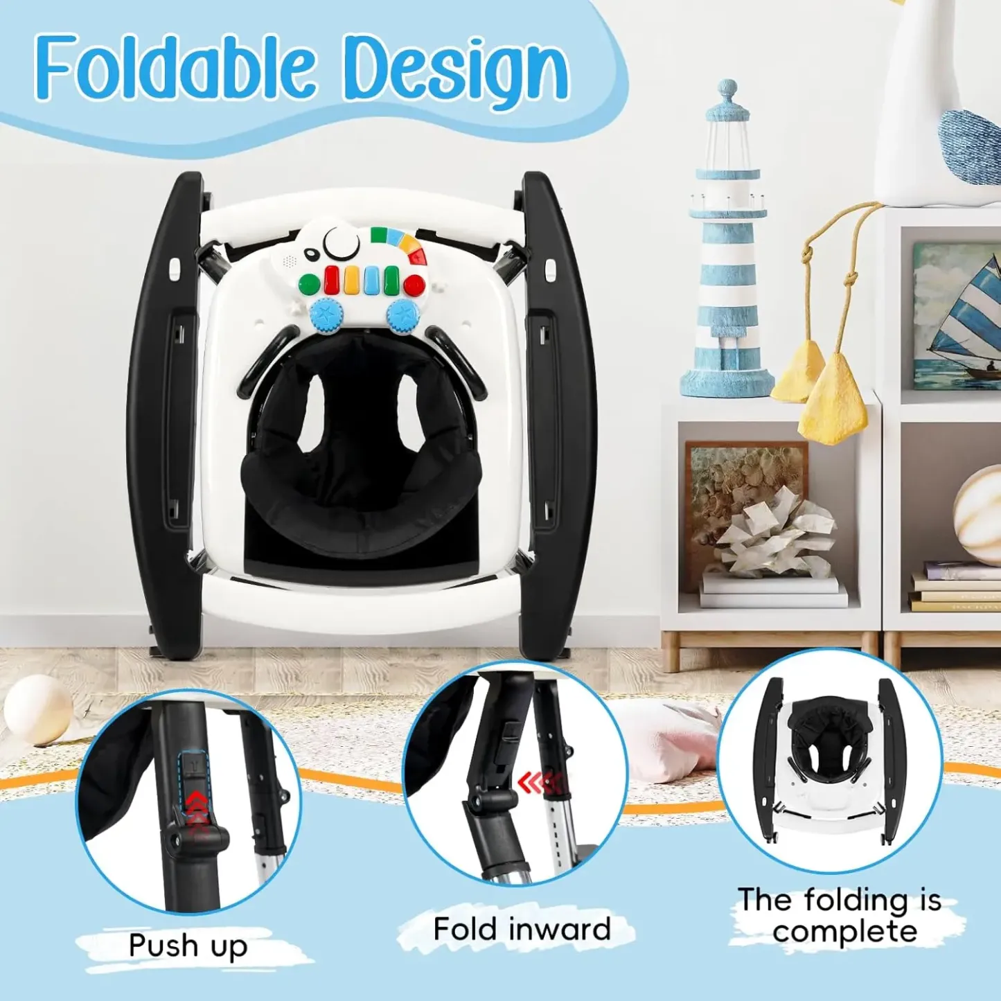 **Andador de Bebé Unisex 5 en 1 para Bebés de 6 a 18 Meses, Plegable y Seguro con 5 Alturas Ajustables, Música, Bandeja de Alimentación, Reposapiés Extraíble y Centro de Actividades Portátil para Niños y Niñas.**