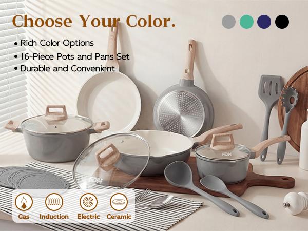 [ New ]FDN 16-Pc Aesthetic Cookware Collection, Non-Toxic PFAS-Free Titanium Caremic Granite Pots and Pans Set, Easy-Clean Oven & Dishwasher Safe, Induction Ready Cooking Set with 10" (24cm) Fry Pan, Glass Lids, Kitchen Utensils, Aluminium, deals for you