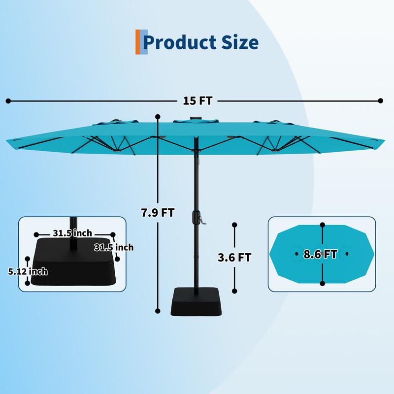 [SummerVibes] Sombrilla grande para exteriores Garvee de 15 pies (4,5 m) con base – Opción de luz LED, diseño de doble cara, manivela, resistente al agua; incluye base lastrada y saco de arena; capacidad para 10 personas; ideal para piscina, jardín, céspe