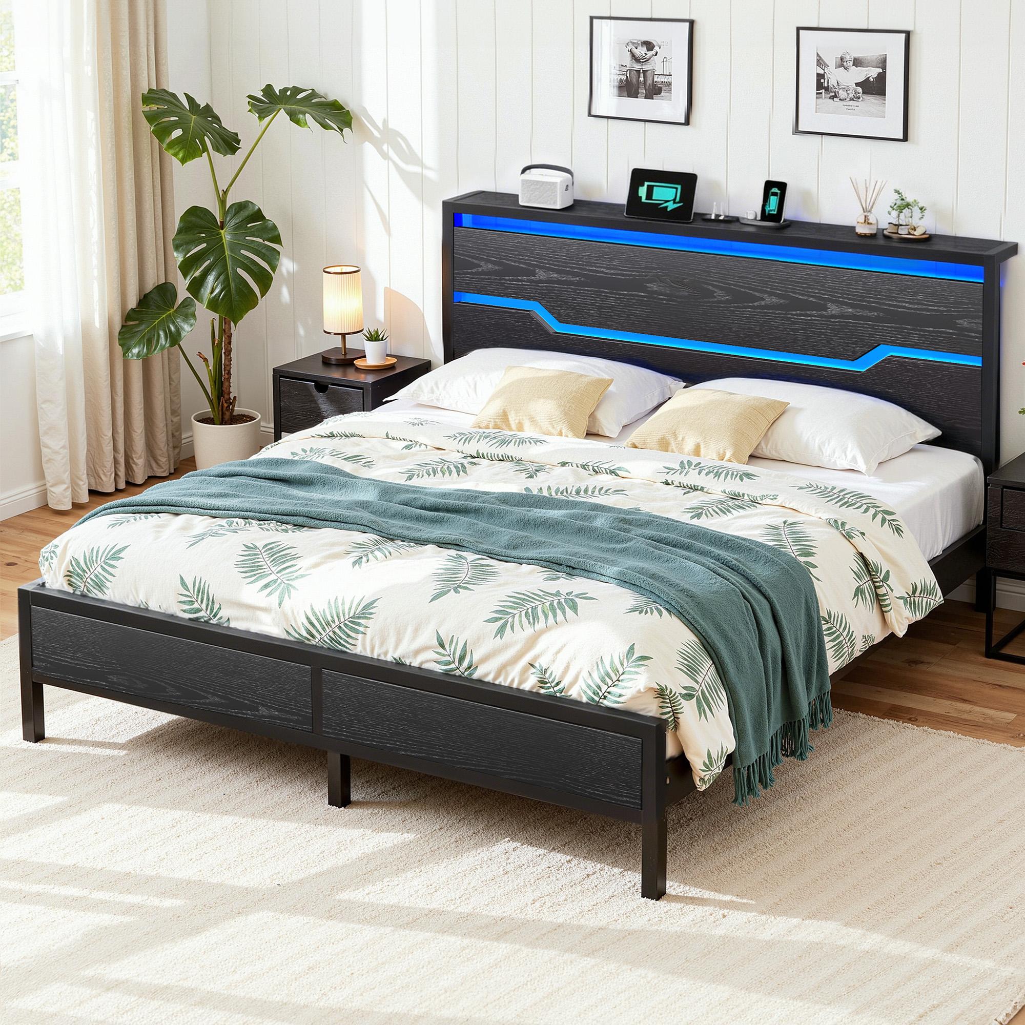 Raybee LED Bed Frame for Queen King Full with Headboard & Storage Shelf, No Mattress, Modern Industrial Wood Platform Bed Frame with Built-In Charging Station, No Noise, Capacity 900LBS with Metal Slats for Bedroom, First Apartment, Teens, Dorms