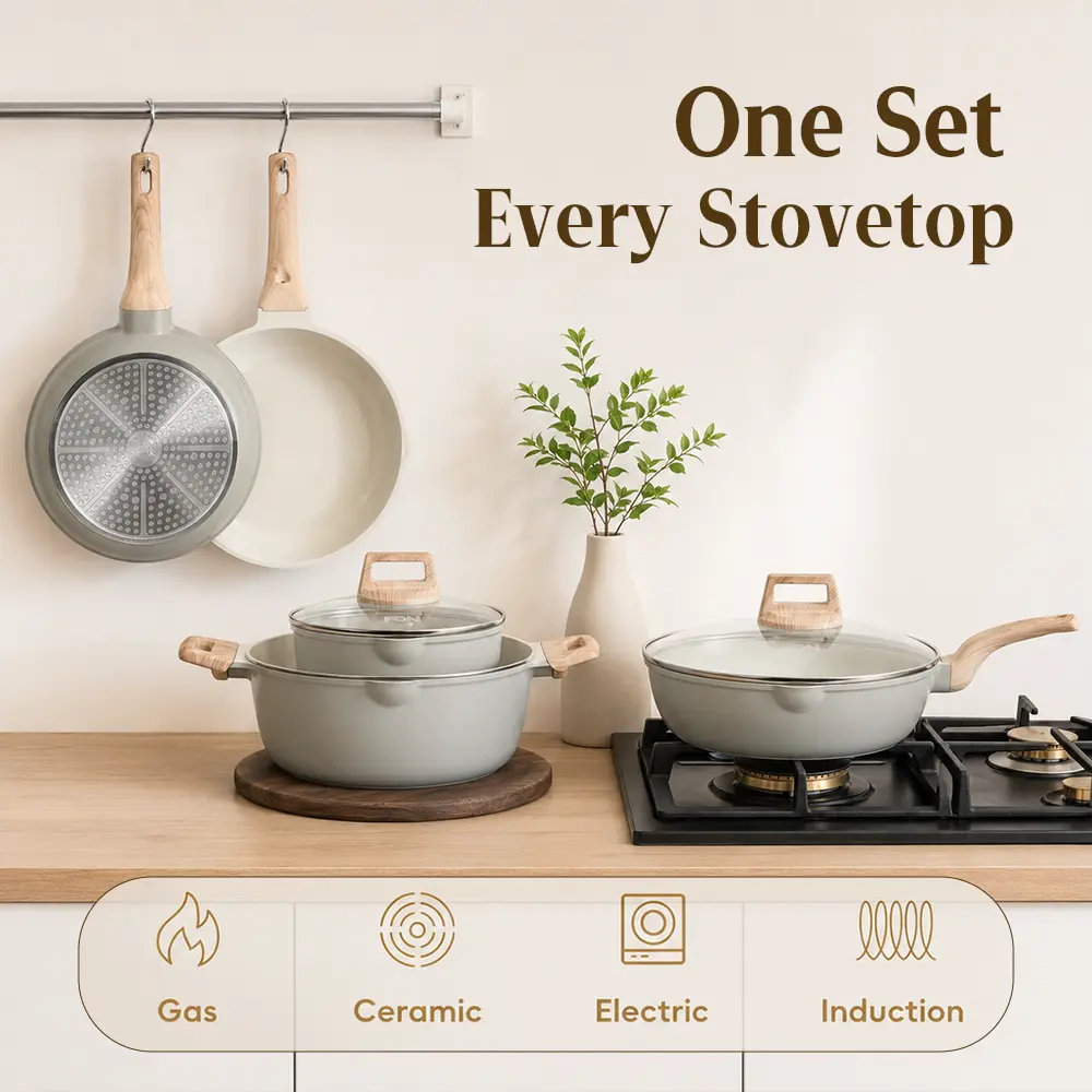 Batería de Cocina de 16 Piezas con Revestimiento Cerámico de Granito y Titanio, Libre de PFAS, Antiadherente, Apta para Inducción, Horno y Lavavajillas, Incluye Sartén de 24 cm, Tapas de Vidrio y Utensilios