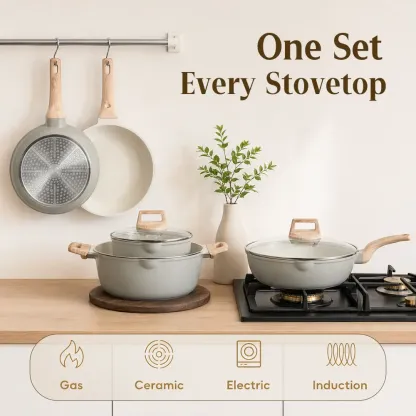 Batería de Cocina de 16 Piezas con Revestimiento Cerámico de Granito y Titanio, Libre de PFAS, Antiadherente, Apta para Inducción, Horno y Lavavajillas, Incluye Sartén de 24 cm, Tapas de Vidrio y Utensilios