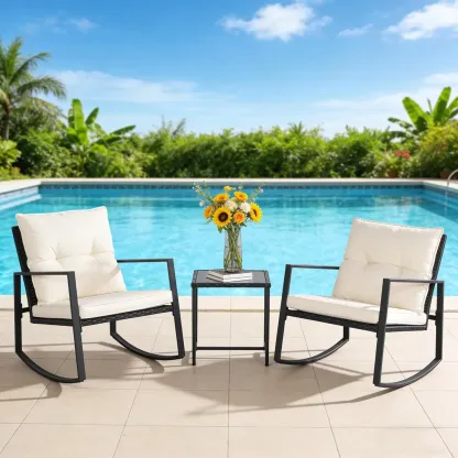 Set de bistró mecedor para exteriores de 3 piezas: muebles de mimbre negro, sillas para porche y mesa de centro de cristal.