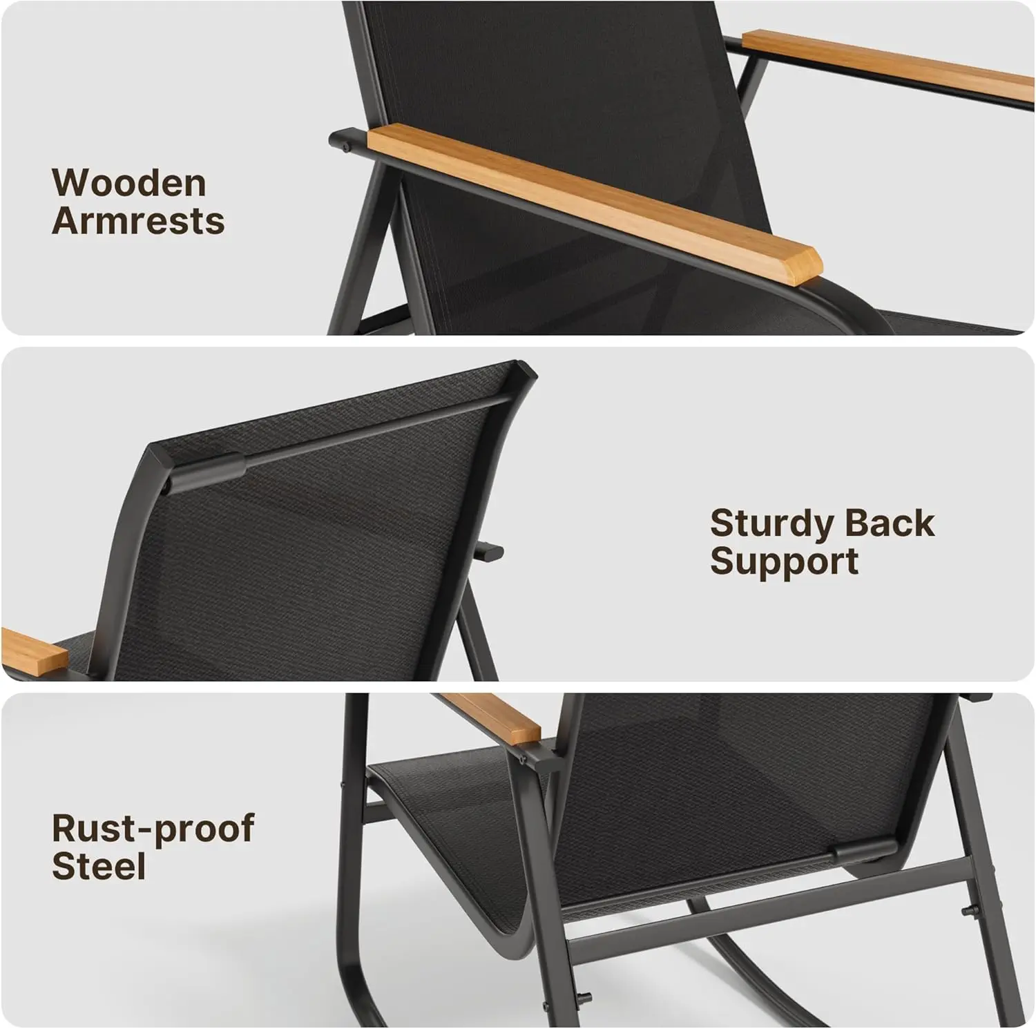 Juego de muebles de patio modernos de 4 piezas, resistente conjunto para zona de conversación: resistente a la intemperie, estable y con reposabrazos de madera; incluye 2 mecedoras y mesa de centro para patio o balcón.