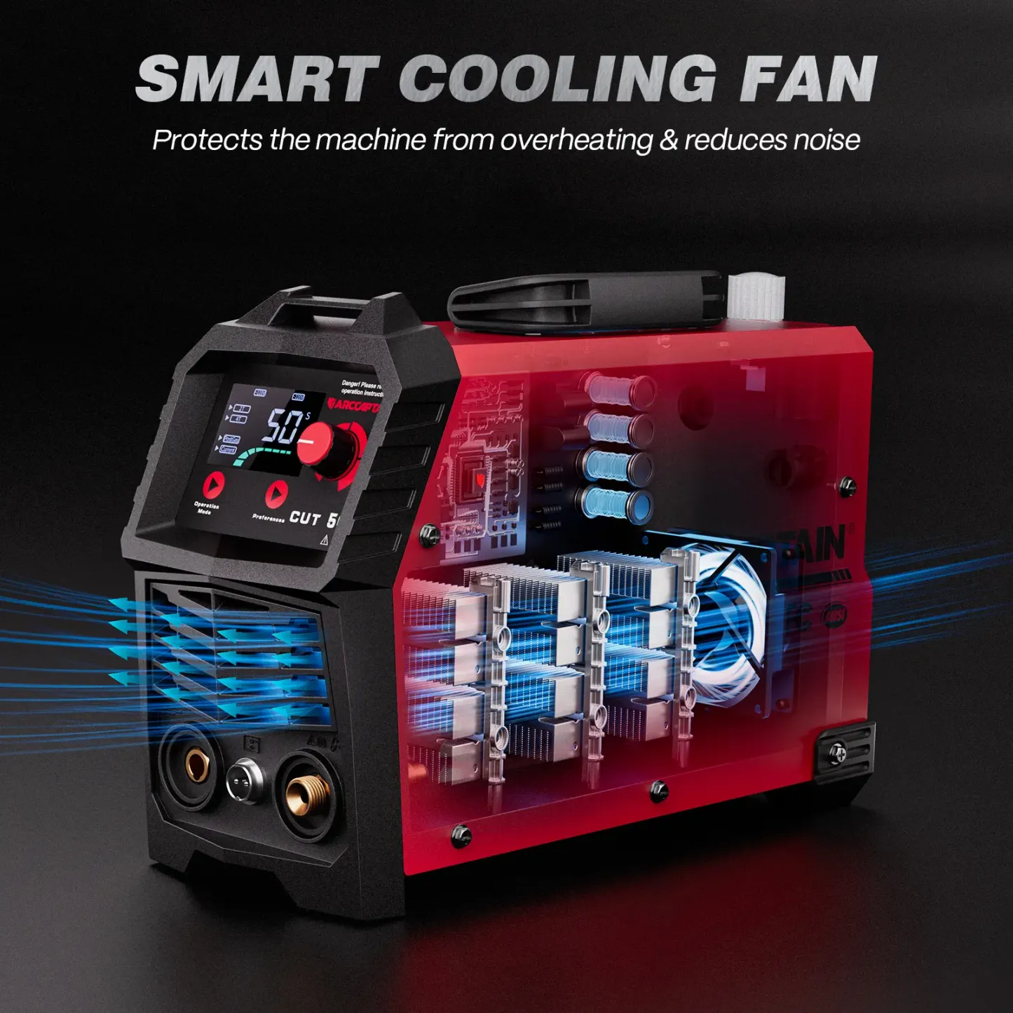 Cortadora de plasma CUT-50 de 50A con inversor IGBT, voltaje dual 110/220V, pantalla LED, corte limpio de metal y diseño portátil.