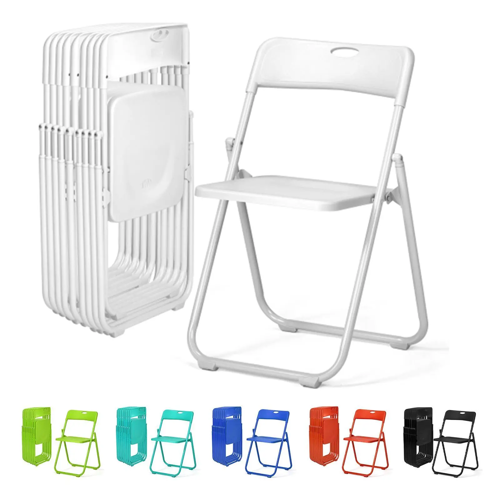 Juego de 10 sillas plegables de plástico ligero (capacidad de 300 libras) con estructura metálica reforzada; fáciles de plegar y almacenar, aptas para uso en interiores y exteriores (bodas, fiestas, salas de reuniones, patios y jardines). Disponibles en s