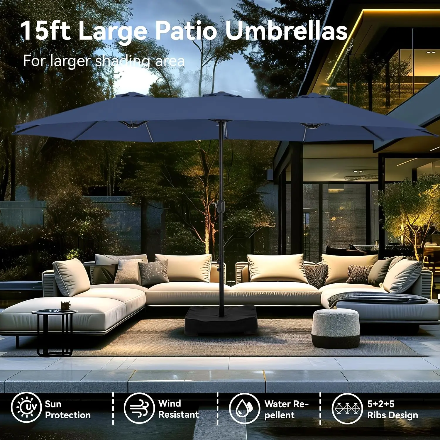 Sombrilla grande para exteriores de 15 pies con base lastrada para jardín, piscina y playa