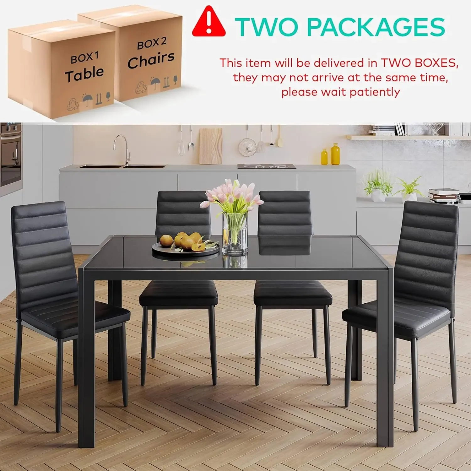 Juego de comedor de 5 piezas con mesa de vidrio y sillas para 4 personas, diseño moderno con cuero PU, ideal para cocina, sala de estar, apartamentos y decoración del hogar.