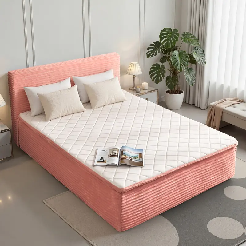 Cama moderna sin huesos todo en uno, cama a ras de suelo con pana suave y mullida para un sueño profundo, espuma viscoelástica de firmeza media para aliviar el dolor de espalda, colchón con aislamiento de movimiento en caja y sin necesidad de montaje.