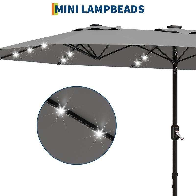[SummerVibes] Sombrilla grande para exteriores Garvee de 15 pies (4,5 m) con base – Opción de luz LED, diseño de doble cara, manivela, resistente al agua; incluye base lastrada y saco de arena; capacidad para 10 personas; ideal para piscina, jardín, céspe