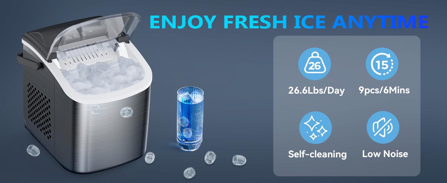 COWSAR Bullet Ice Maker Countertop with Self-Cleaning, Staninless Steel or ABS Plastic, 26.5lbs/24Hrs, 6 Mins/9 Pcs Bullet Ice, Portable Ice Maker for Kitchen/Home/Office/Party/RV