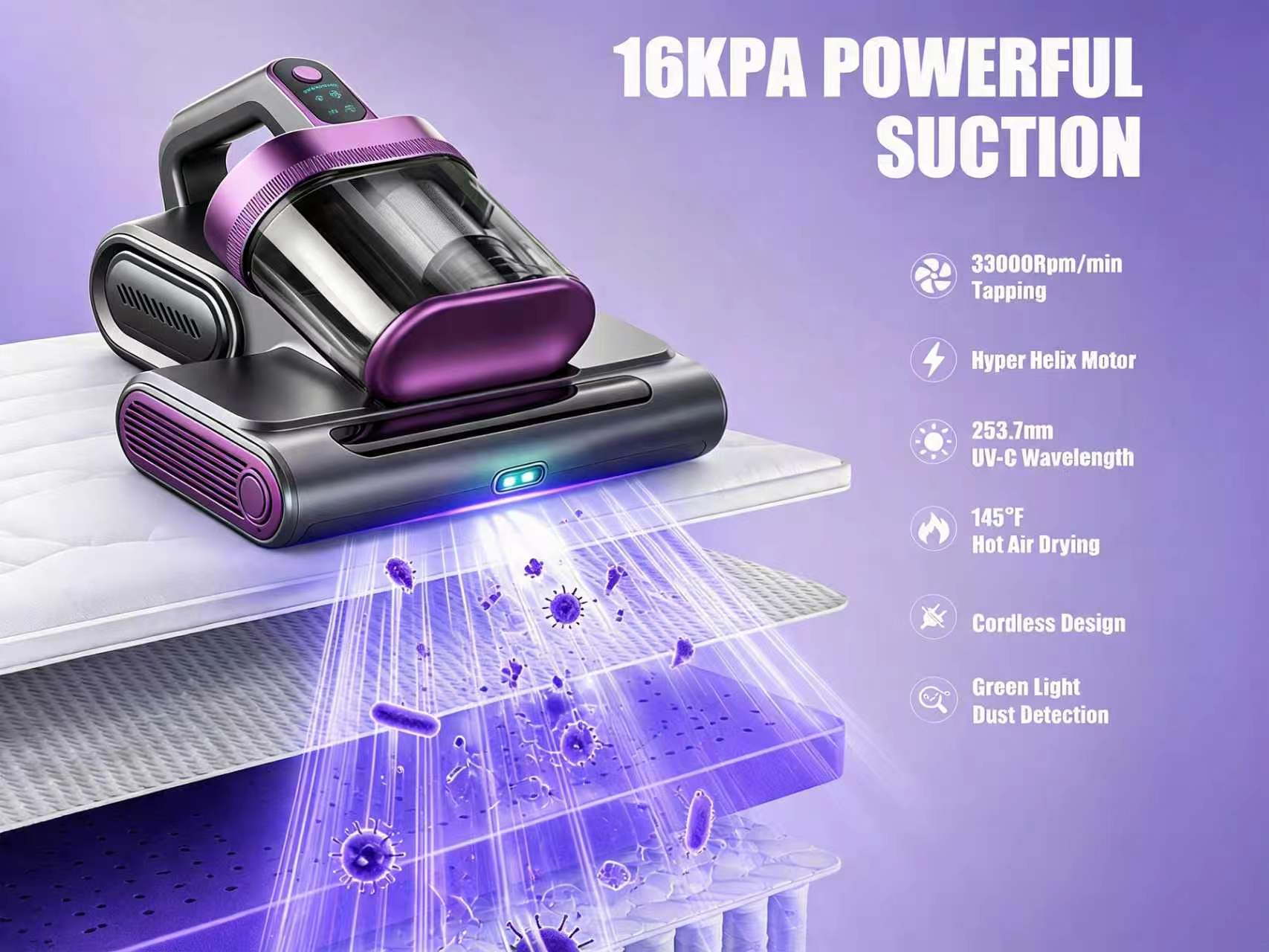 Cordless Mattress Vacuum Cleaner, 16Kpa Deep Clean Bed Vac with 80000 RPM Tapping, UV-C Light & Ultrasonic, Dual HEPA Dust Cup for Sofa, Crib and Pet Hair,sohochic