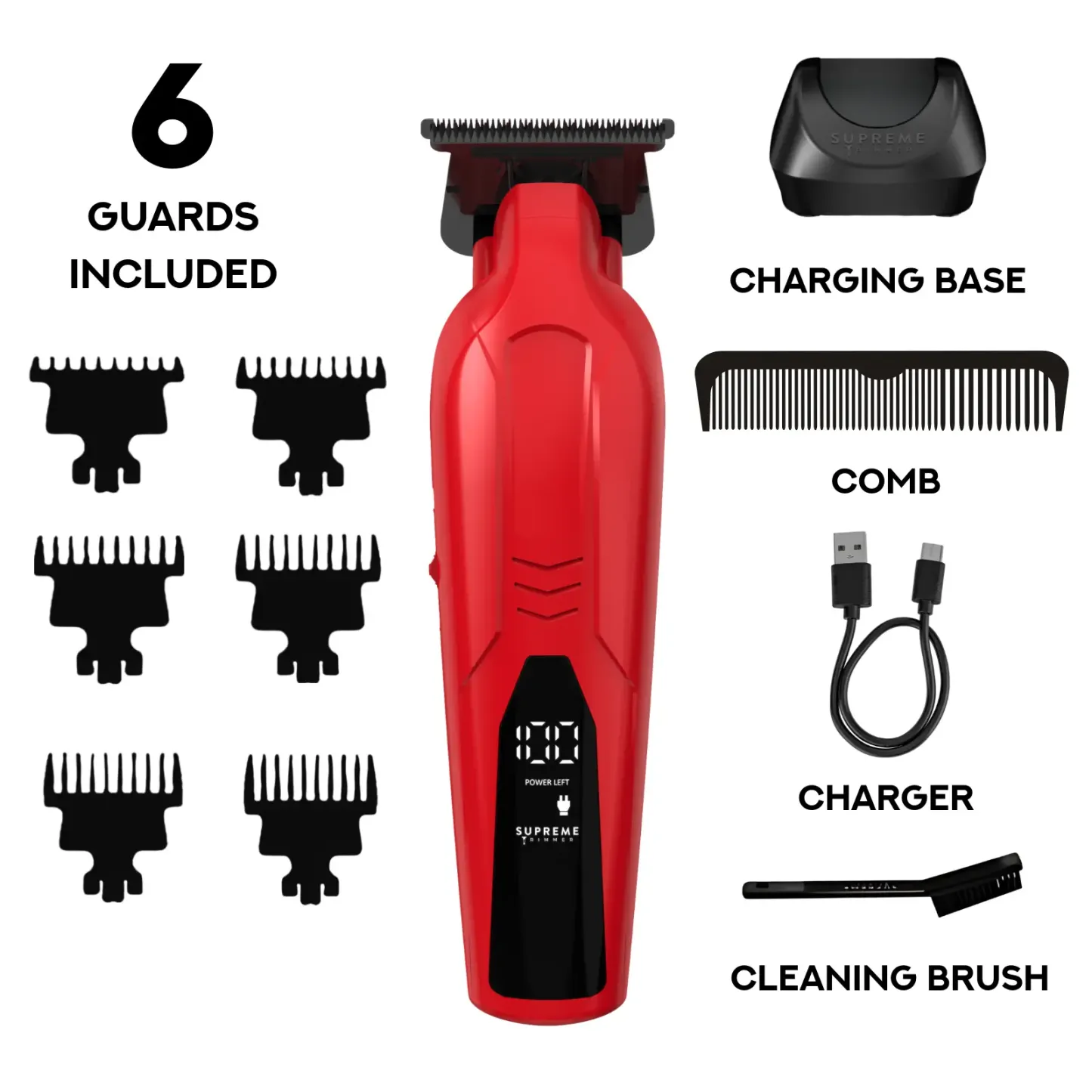 Supreme Trimmer VADER Lite: Cortapelos tipo T-Liner con 6 peines guía, carga USB-C, batería de larga duración, motor de 6,5 W y 7000 RPM para cortes precisos; diseño ergonómico para uso prolongado, inalámbrico y fabricado en acero.
