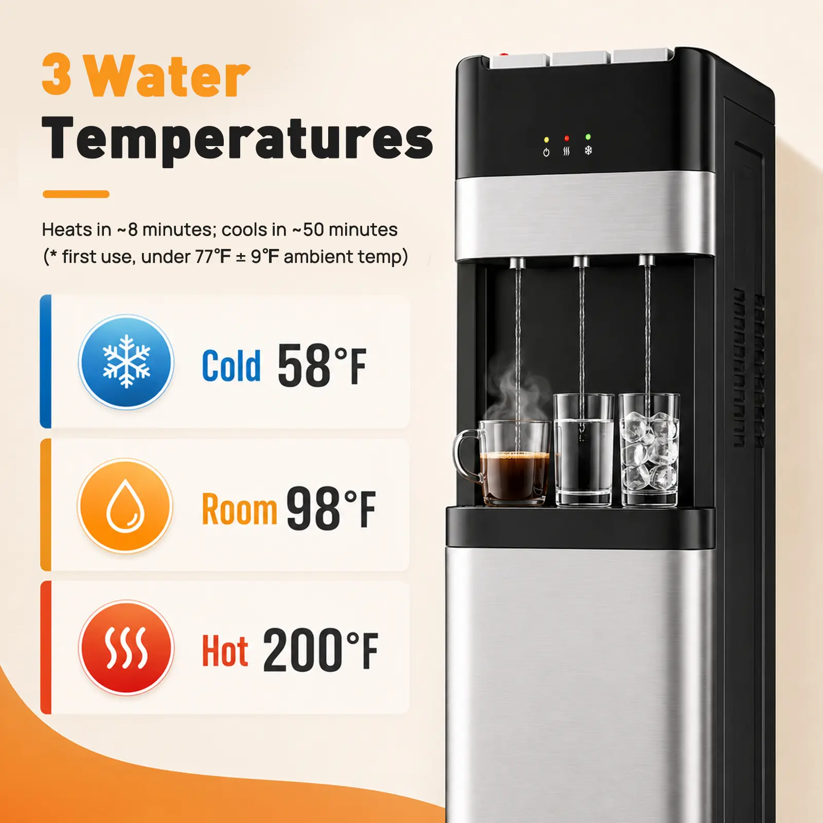Dispensador de agua de carga inferior de 5 galones, 3 ajustes de temperatura (caliente, ambiente y fría) con bloqueo de seguridad para niños, acero inoxidable para el hogar, la oficina o la sala de estar.