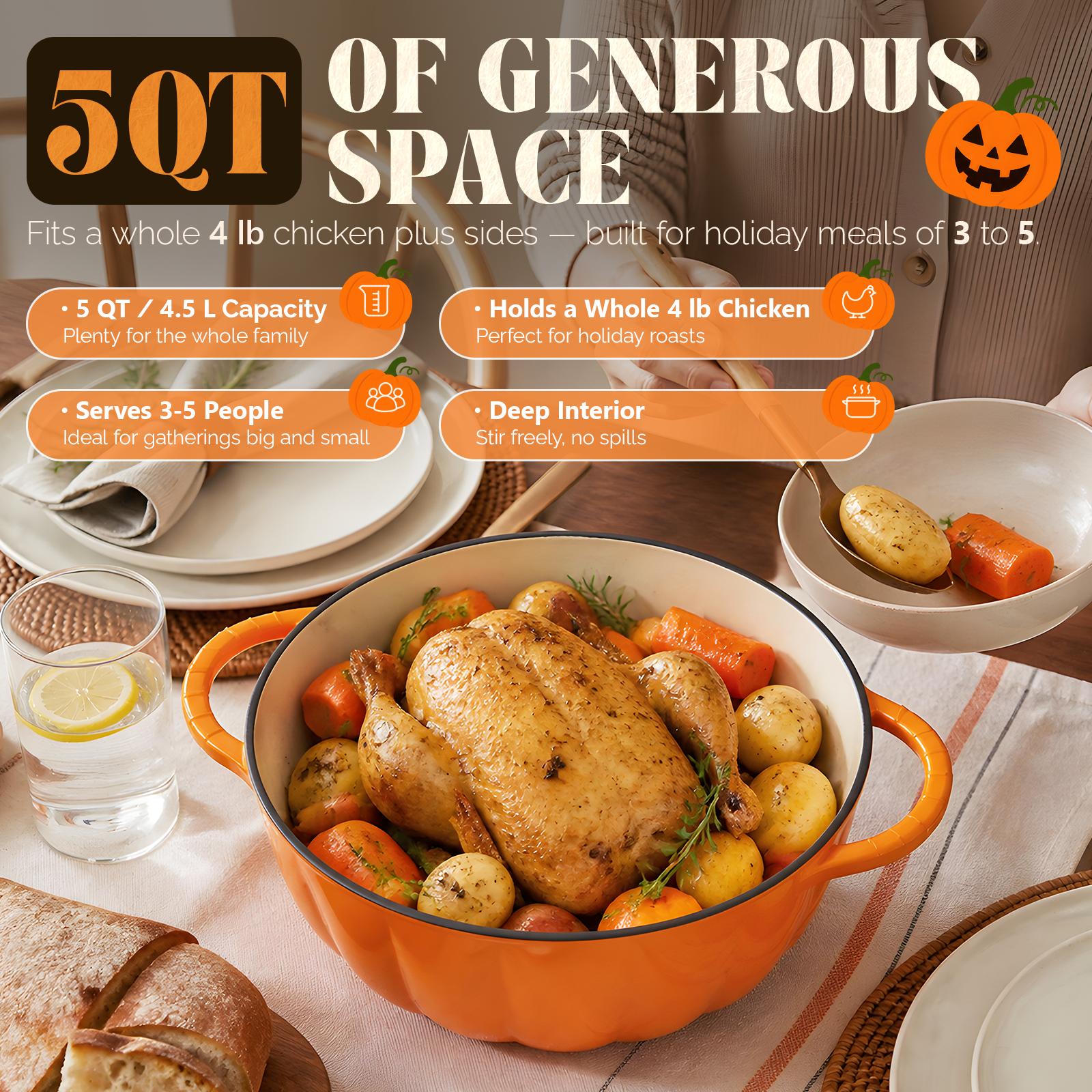 ROVSUN Pumpkin Dutch Oven Pot with Lid &ndash; Enameled Cast Iron Pumpkin Shaped Pot with Gold Stem Knob, Matching Halloween Trivet & Oven Mitts, Fall Cookware for Soup, Stew & Braising, Orange, 5QT/7.5QT