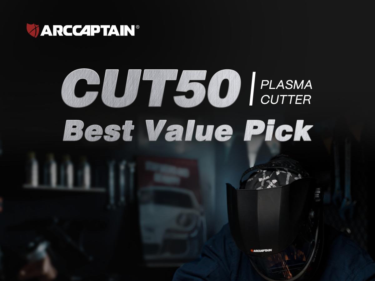 ARCCAPTAIN CUT-50 Plasma Cutter Welder, 50A DC Inverter IGBT Portable Welder Tool with Large LED Display, 110/220V Dual Voltage, 1/2in Metal Clean Cut, Post Flow & 2T/4T Torch Modes for Beginners, Portable Welding Machine, 110/220V Dc