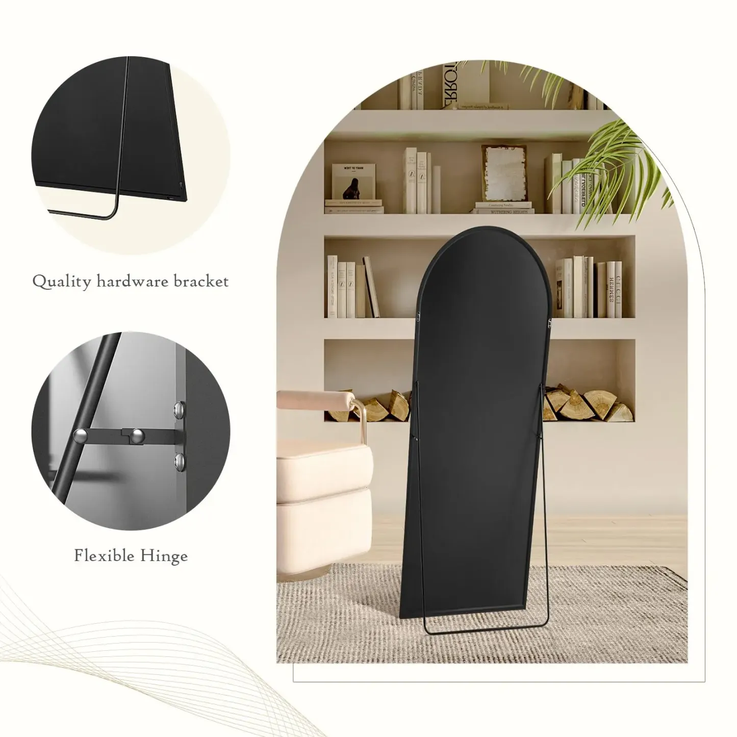 Espejo de cuerpo entero con soporte y marco de aluminio para dormitorio y sala de estar