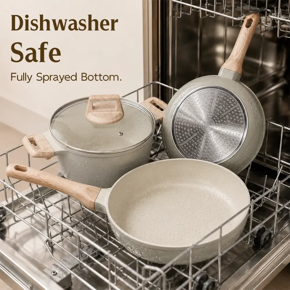 Batería de Cocina de 16 Piezas con Revestimiento Cerámico de Granito y Titanio, Libre de PFAS, Antiadherente, Apta para Inducción, Horno y Lavavajillas, Incluye Sartén de 24 cm, Tapas de Vidrio y Utensilios