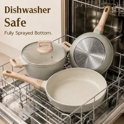 Batería de Cocina de 16 Piezas con Revestimiento Cerámico de Granito y Titanio, Libre de PFAS, Antiadherente, Apta para Inducción, Horno y Lavavajillas, Incluye Sartén de 24 cm, Tapas de Vidrio y Utensilios