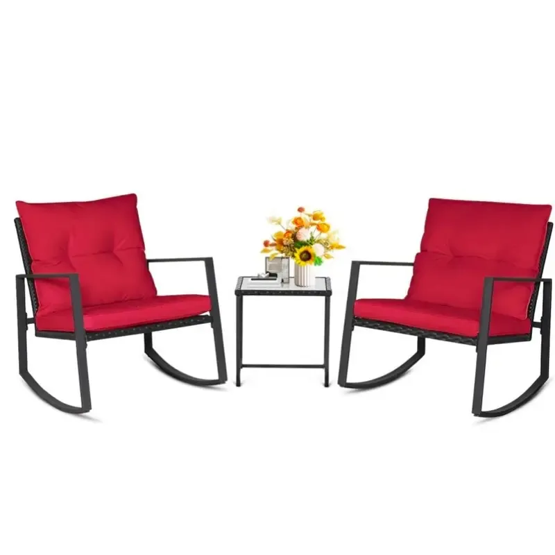 Set de bistró mecedor para exteriores de 3 piezas: muebles de mimbre negro, sillas para porche y mesa de centro de cristal.