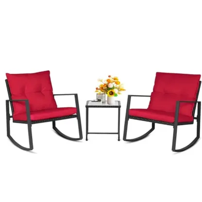 Set de bistró mecedor para exteriores de 3 piezas: muebles de mimbre negro, sillas para porche y mesa de centro de cristal.