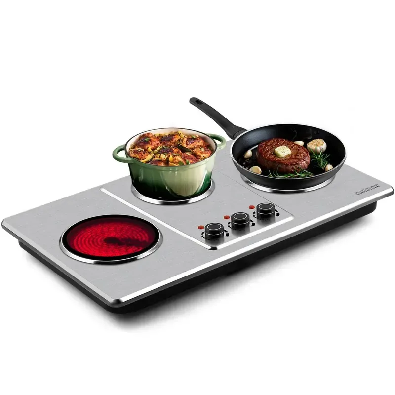 Parrilla eléctrica infrarroja de 3 quemadores y 1800 W, con superficie de vidrio cerámico, 11 niveles de temperatura y apagado automático.