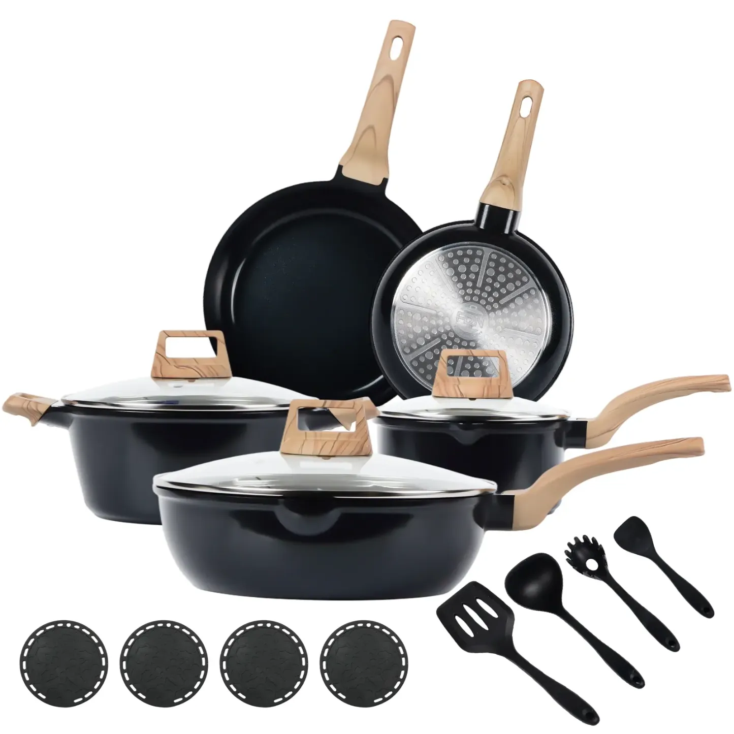 Batería de Cocina de 16 Piezas con Revestimiento Cerámico de Granito y Titanio, Libre de PFAS, Antiadherente, Apta para Inducción, Horno y Lavavajillas, Incluye Sartén de 24 cm, Tapas de Vidrio y Utensilios