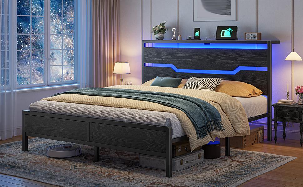 Raybee LED Bed Frame for Queen King Full with Headboard & Storage Shelf, No Mattress, Modern Industrial Wood Platform Bed Frame with Built-In Charging Station, No Noise, Capacity 900LBS with Metal Slats for Bedroom, First Apartment, Teens, Dorms