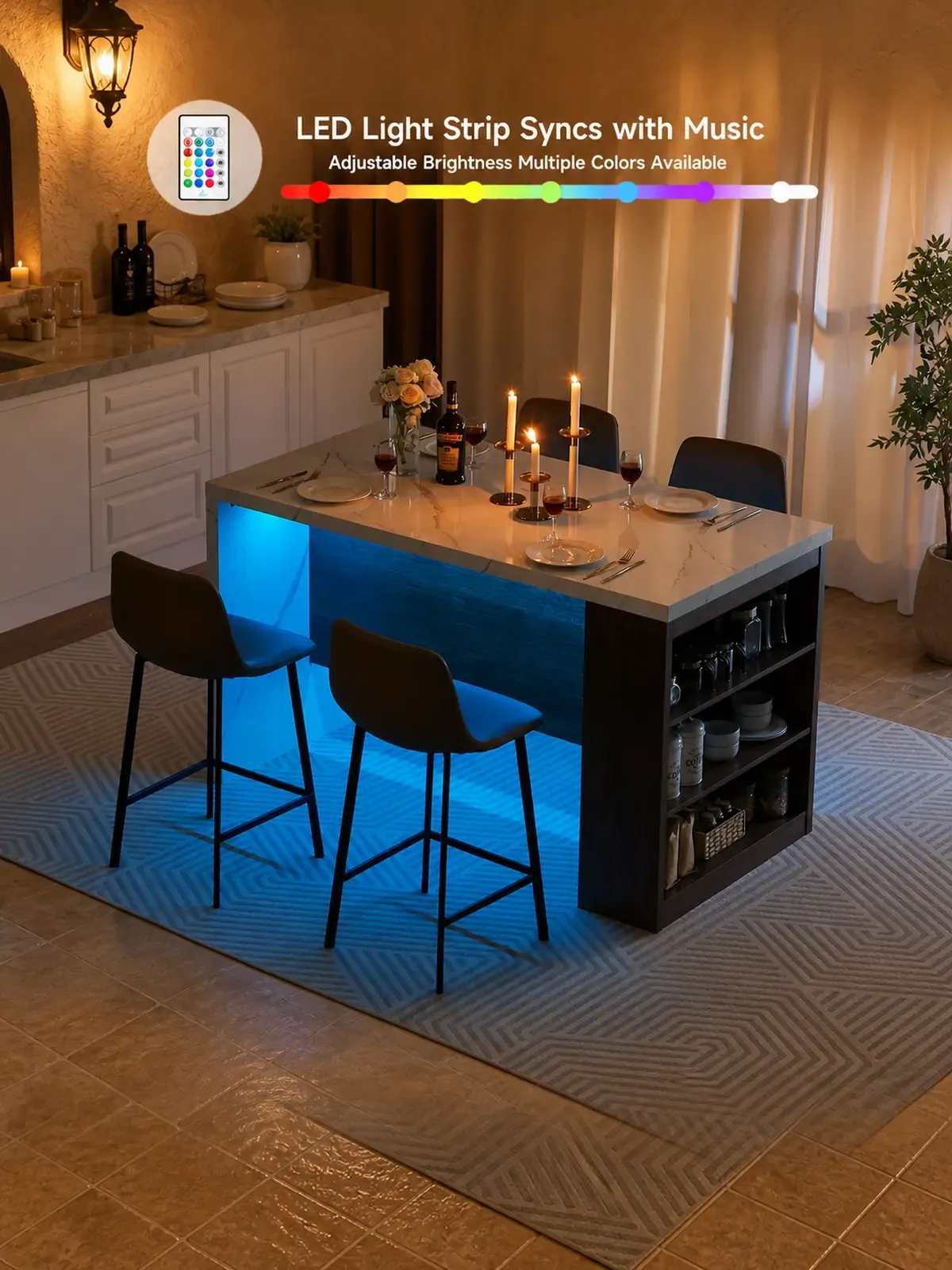 Isla de cocina de 61x31 pulgadas con luces LED y enchufes